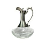 A FRENCH GLASS AND PEWTER CLARET JUG