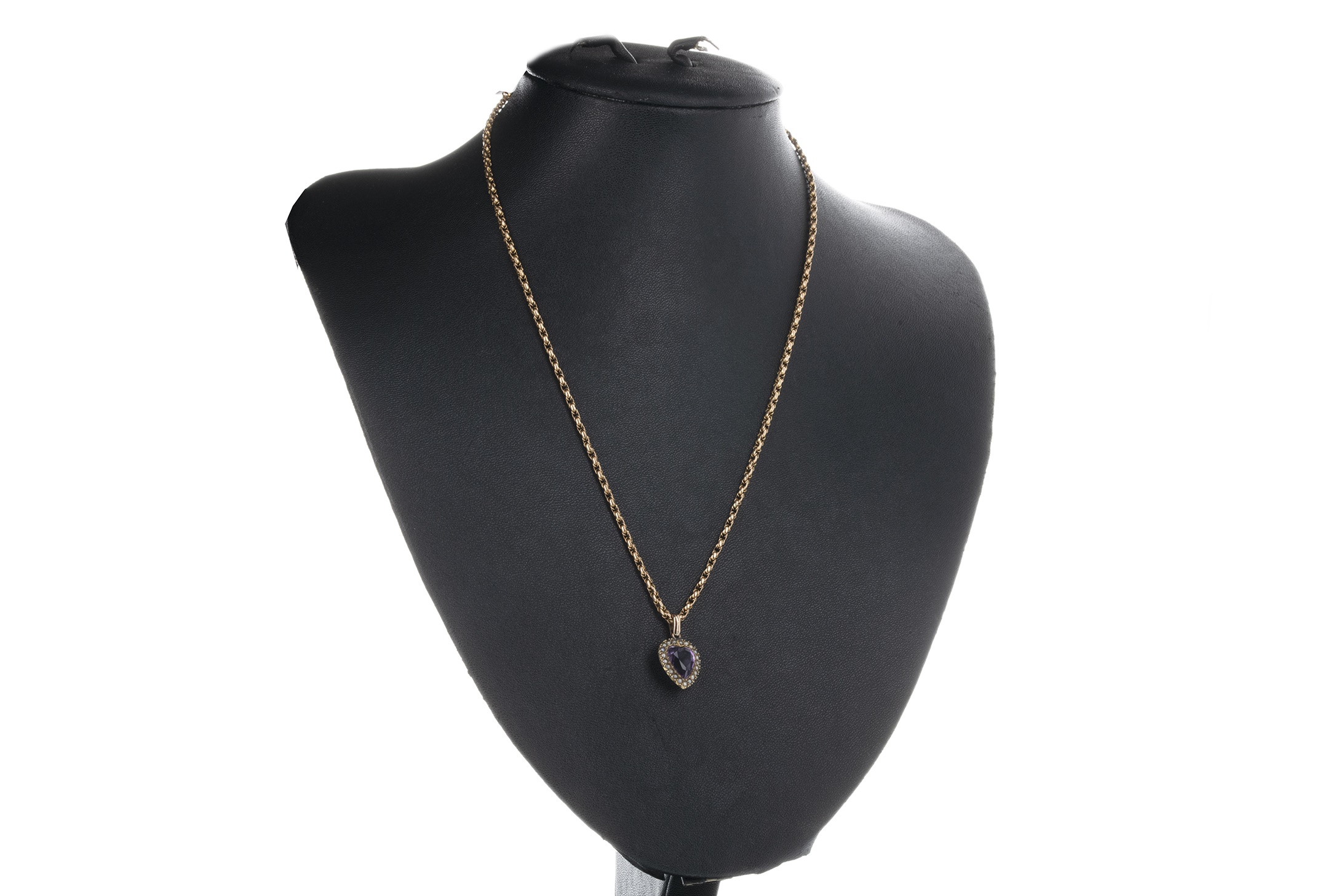 A PURPLE GEM SET AND SEED PEARL PENDANT ON CHAIN - Image 2 of 3