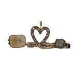 A DIAMOND HEART PENDANT, TWO SEAL FOBS AND A GUARD CHAIN