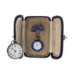 A LADY'S ENAMEL FOB WATCH AND ANOTHER SILVER FOB WATCH