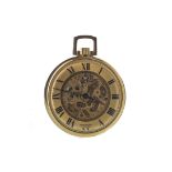 A GOLD PLATED WALTHAM SKELETON OPEN FACE KEYLESS WIND POCKET WATCH