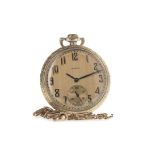 AN ART DECO ELGIN GOLD PLATED OPEN FACE KEYLESS WIND POCKET WATCH AND NINE CARAT GOLD CHAIN