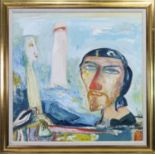 SELF PORTRAIT WITH LIGHTHOUSE, AN OIL BY JOHN BELLANY