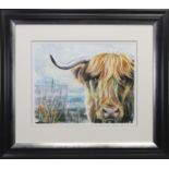 HIGHLAND COW, A WATERCOLOUR AND INK BY S LEIGH