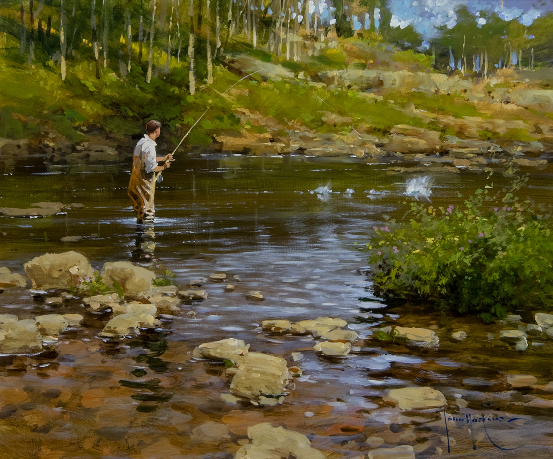 FLY FISHING, AN ACRYLIC BY JOHN HASKINS - Image 2 of 2