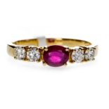 A TREATED RUBY AND DIAMOND FIVE STONE RING