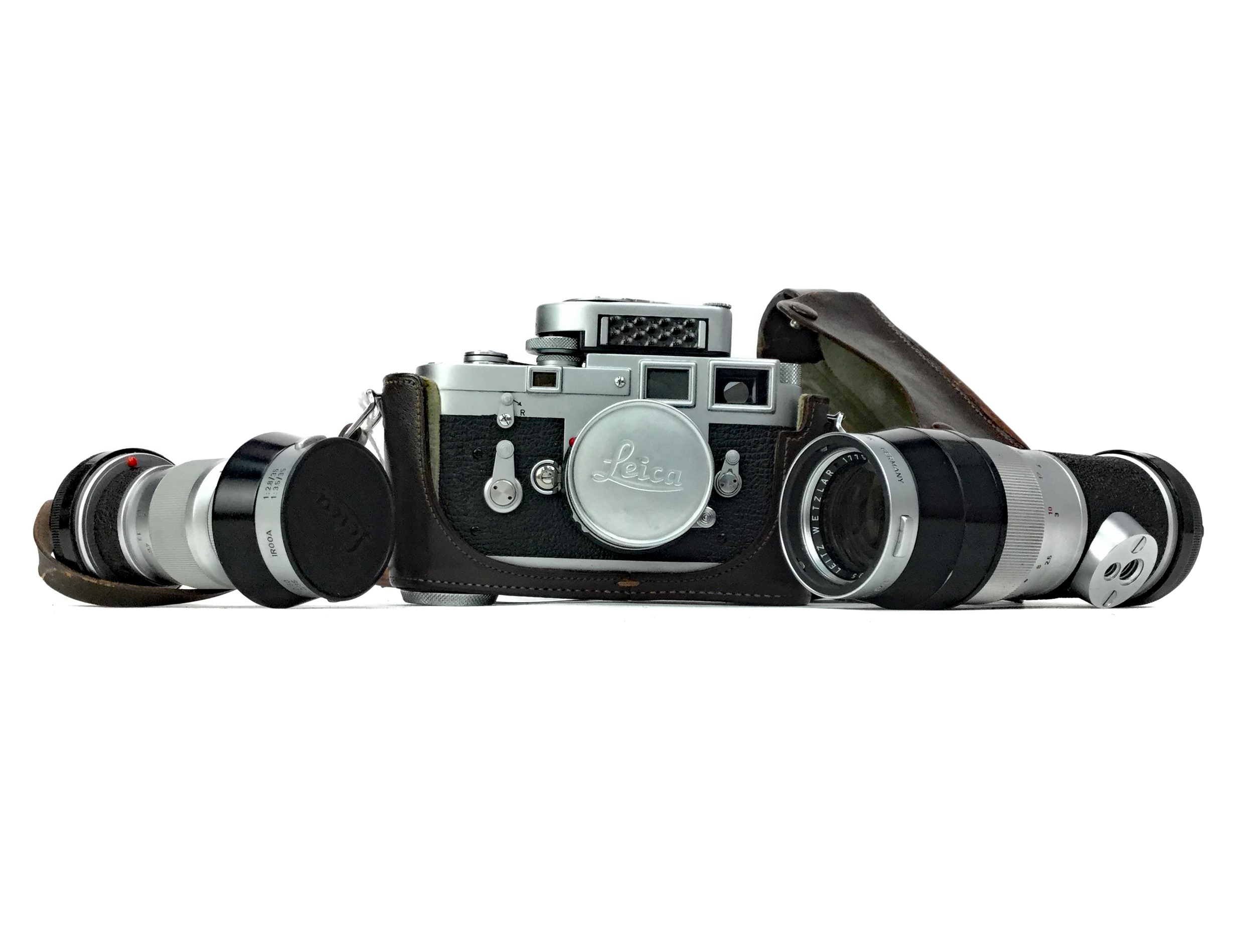 A LEICA CAMERA WITH FITTED LENS AND TWO OTHERS