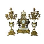 A REPRODUCTION ITALIAN GILTMETAL AND WHITE MARBLE CLOCK GARNITURE