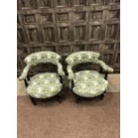 A PAIR OF LATE 19TH CENTURY UPHOLSTERED TUB CHAIRS