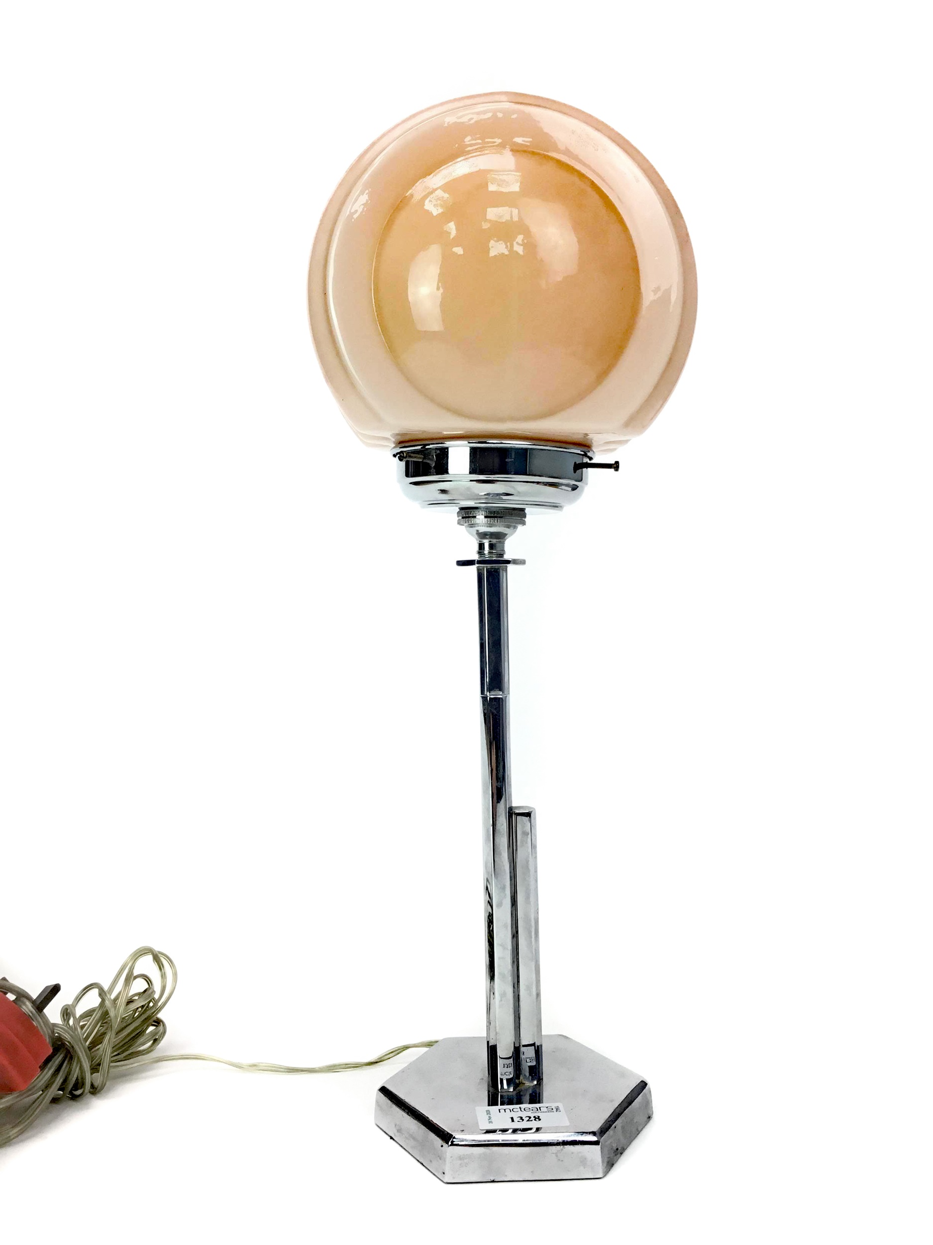 AN ART DECO CHROME TABLE LAMP WITH OPAQUE GLASS SHADE