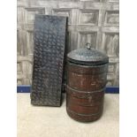 A JAPANNED TIN BEARSKIN CASE AND ANOTHER