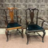 A PAIR OF OPEN ELBOW CHAIRS OF QUEEN ANNE DESIGN