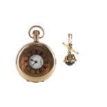 A GOLD CHAIN, BLOODSTONE AGATE FOB AND GOLD PLATED HALF HUNTER KEYLESS WIND POCKET WATCH