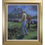 HOGAN PITCHING TO THE 6TH GREEN AT CARNOUSTIE DURING 1953 OPEN, AN OIL BY CRAIG CAMPBELL