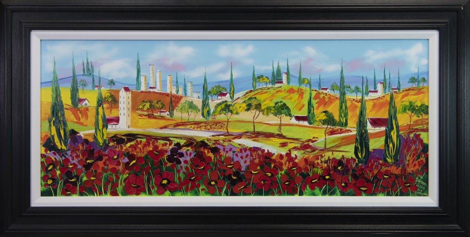 POPPIES AT SAN GIMIGNANO, TUSCANY, AN OIL BY JOHN DAMARI