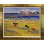 INQUISITIVE COWS, ARISAIG, AN OIL BY MARGARET BALLANTYNE