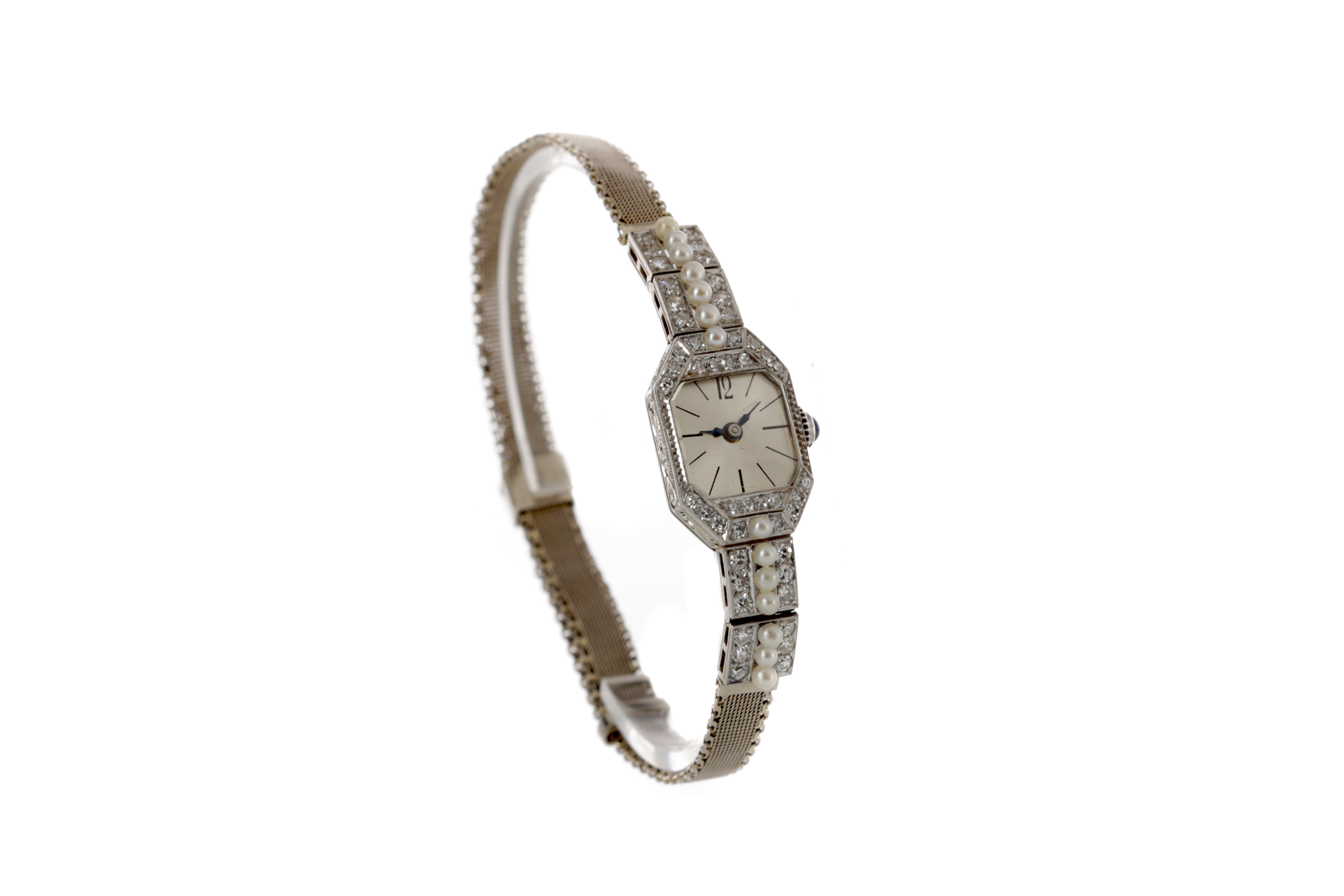 A LADY'S DIAMOND AND PEARL MANUAL WIND COCKTAIL WATCH