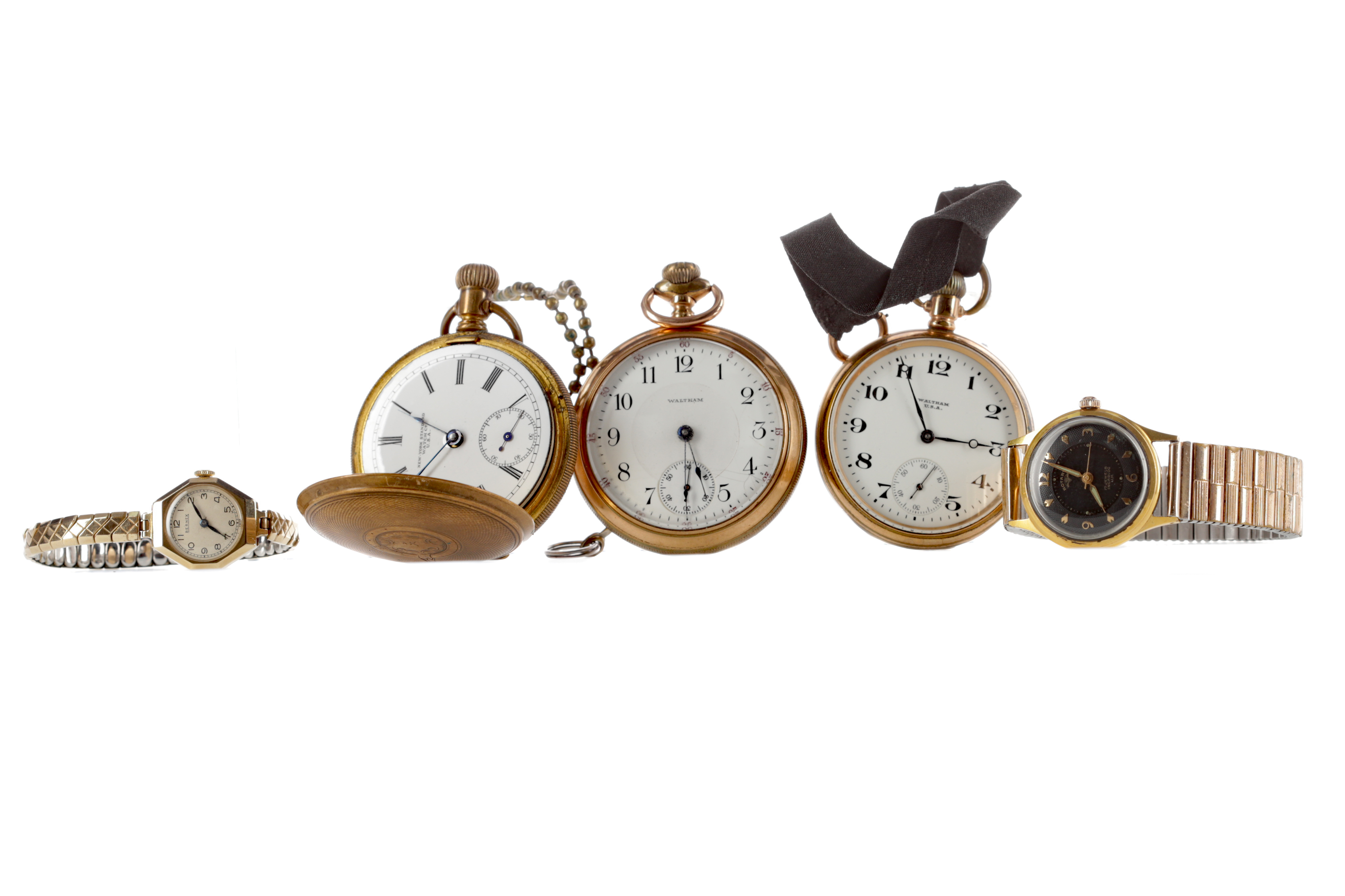 THREE GOLD PLATED POCKET WATCHES, AND TWO WRIST WATCHES