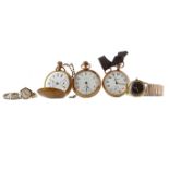 THREE GOLD PLATED POCKET WATCHES, AND TWO WRIST WATCHES