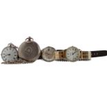 A SILVER FULL HUNTER KEY WIND POCKET WATCH, A SILVER FOB WATCH AND TWO GENTLEMAN'S WRIST WATCHES