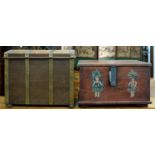 A BRASS BOUND OAK COAL BOX, 46CM W AND A STAINED WOOD WORK BOX WITH PAINTED DECORATION, 48CM W