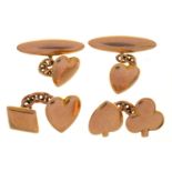 TWO PAIRS OF 9CT GOLD CUFFLINKS, ONE PAIR AS HEARTS, THE OTHER HEARTS, CLUBS, SPADES AND DIAMONDS,