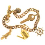 A 9CT GOLD CHARM BRACELET, CONVERTED FROM AN ALBERT, WITH FOUR GOLD CHARMS AND A GILT DRESS STUD,