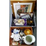 MISCELLANEOUS ITEMS, INCLUDING CERAMICS, SCALES, PLATED FLATWARE, POSTCARDS AND PICTURES, ETC