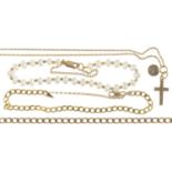 A 9CT GOLD CROSS PENDANT AND A ST CHRISOPHER CHARM IN GOLD MARKED 9CT, ON A 9CT GOLD CHAIN, TWO