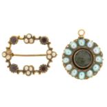 A ROUND GREY SPLIT PEARL MOURNING LOCKET IN GOLD AND A GARNET AND SPLIT PEARL OPEN OBLONG BROOCH