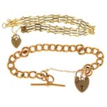 A GOLD GATE BRACELET MARKED 375 AND A 9CT GOLD CURB LINK BRACELET WITH PADLOCK, 17.5G