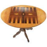 A MAHOGANY AND INLAID BACKGAMMON TABLE WITH PLAIN WOOD SURROUND, 67CM H X 71CM W