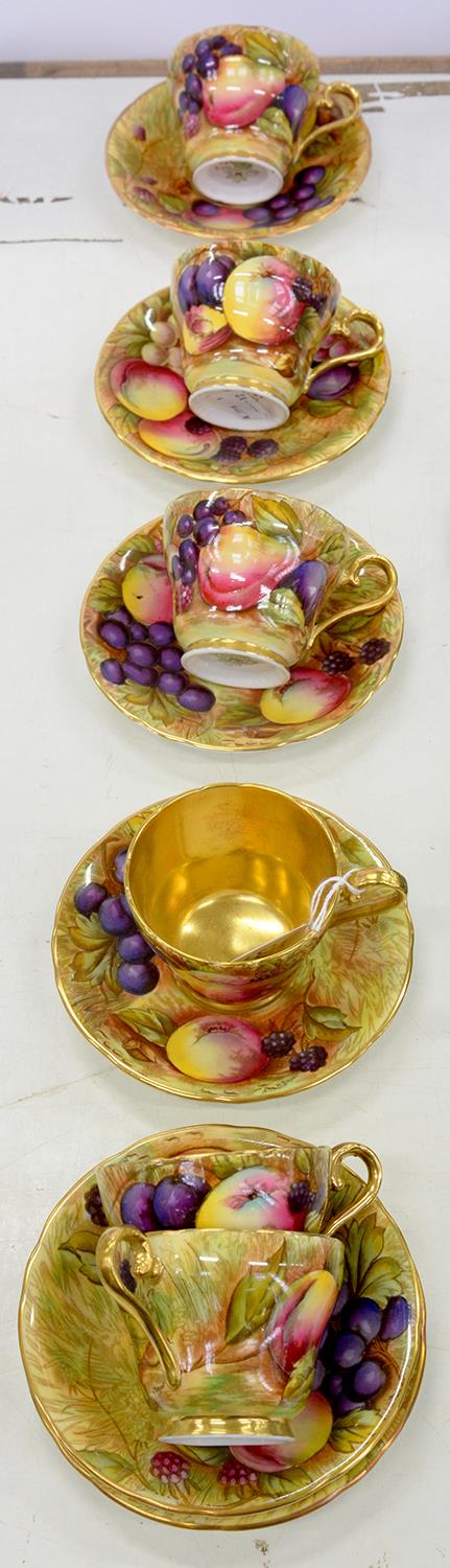 A SET OF SIX AYNSLEY FRUIT DECORATED CUPS AND SAUCERS, SAUCERS 12CM D, PRINTED MARK