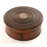 TREEN. A VICTORIAN ROSEWOOD TOBACCO BOX, THE ROSE ENGINE TURNED COVER WITH ENGRAVED SILVER INSET