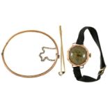 9CT GOLD BRACELET, A 9CT GOLD GOLF CLUB PIN, 9G, AND A 9CT GOLD LADY'S WRISTWATCH ON RIBBON STRAP,