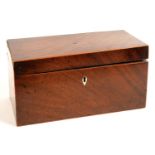 A GEORGE III MAHOGANY AND LINE INLAID TEA CADDY, WITH FITTED INTERIOR WITH TWO CANISTERS, 30CM L