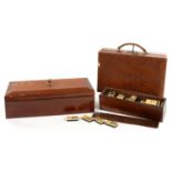 AN UNUSUALLY SMALL LEATHER BRIEFCASE, 30CM L, PROBABLY 1920'S / 30'S, A BOX OF VICTORIAN BONE AND