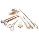 MISCELLANEOUS SILVER AND OTHER ARTICLES, TO INCLUDE A KEYLESS LEVER WATCH, A SILVER HANDLED MANICURE