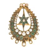 AN EMERALD AND SPLIT PEARL TEAR SHAPED STAR PENDANT, ADAPTED AS A BROOCH, IN GOLD