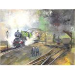 REGINALD EDWIN BASS, STEAM LOCOMOTIVES, OIL ON CANVAS, 76 X 101CM, UNFRAMED