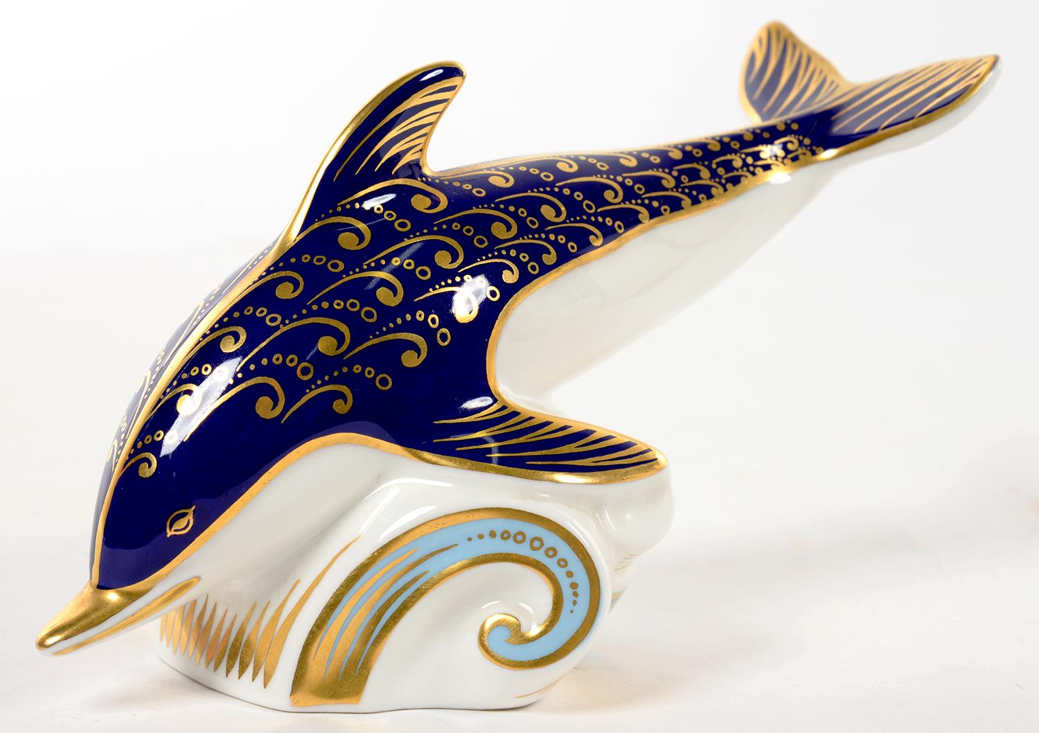 A ROYAL CROWN DERBY DOLPHIN PAPERWEIGHT, 18CM L, PRINTED MARK, GILT STOPPER, BOXED