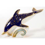 A ROYAL CROWN DERBY DOLPHIN PAPERWEIGHT, 18CM L, PRINTED MARK, GILT STOPPER, BOXED