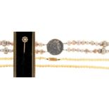 TWO CULTURED PEARL NECKLACES AND A VICTORIAN SPLIT PEARL STICK PIN IN GOLD, CASED