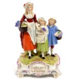 ADVERTISING. A VEB DRESDEN PORCELAIN GROUP OF LAVENDER SELLERS ON SCROLLING MOUND WITH RAISED GILT