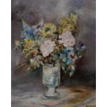 E. M. LOWES, A VASE OF FLOWERS, SIGNED, OIL ON BOARD, 49 X 39CM