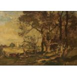 †OLIVER HALL, RA, RE, RWS (1869-1957), CATTLE IN A WOODED LANDSCAPE BEFORE A DISTANT CASTLE, SIGNED,