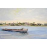 REGINALD EDWIN BASS, BEACH SCENE, SIGNED, OIL ON CANVAS, 44 X 59CM AND A RIVER SCENE OF A BOAT ON