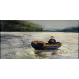 REGINALD EDWIN BASS, THE BOATMAN - FOWEY, SIGNED, OIL ON CANVAS, 23.5 X 49CM