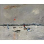 REGINALD EDWIN BASS, BOATS MOORED ON A RIVER AT SUNSET, SIGNED, OIL ON CANVAS, 39.5 X 49.5CM