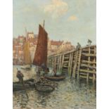 FOLLOWER OF STANHOPE ALEXANDER FORBES BOATS AT A JETTY, BEARS SIGNATURE, OIL ON BOARD, 55 X 44CM